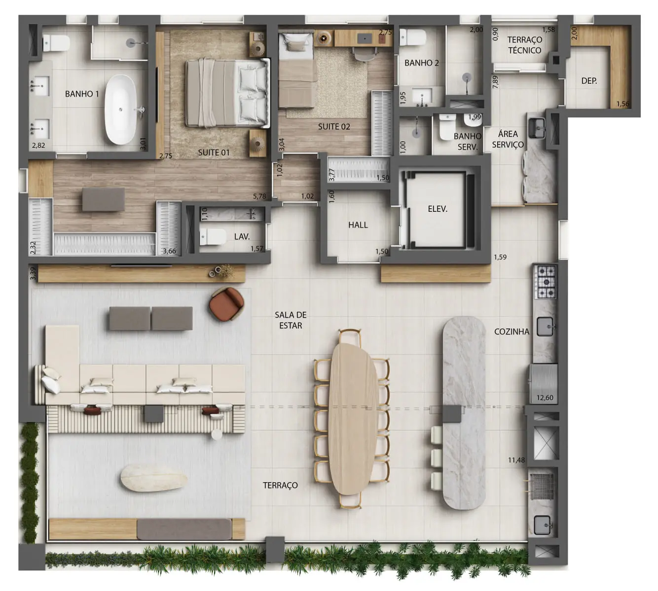 2 - Planta 2 Suítes Opção Living Ampliado - 172m² - Finais 1 e 2 - Torre 1 (Perspectiva Artística)