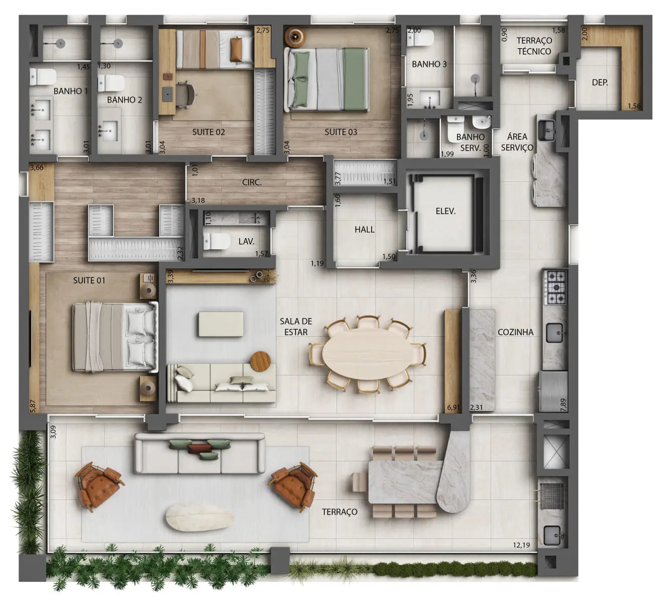 1 - Planta 3 Suítes - 172m² - Finais 1 e 2 - Torre 1 (Perspectiva Artística)