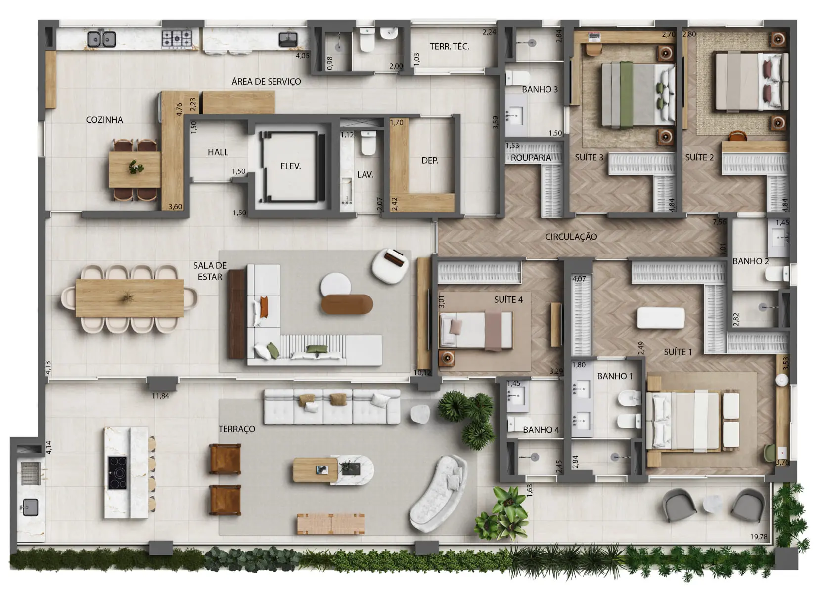 7 - Planta 4 Suítes - 284m² - Finais 1 e 2 - Torre 2 (Perspectiva Artística)