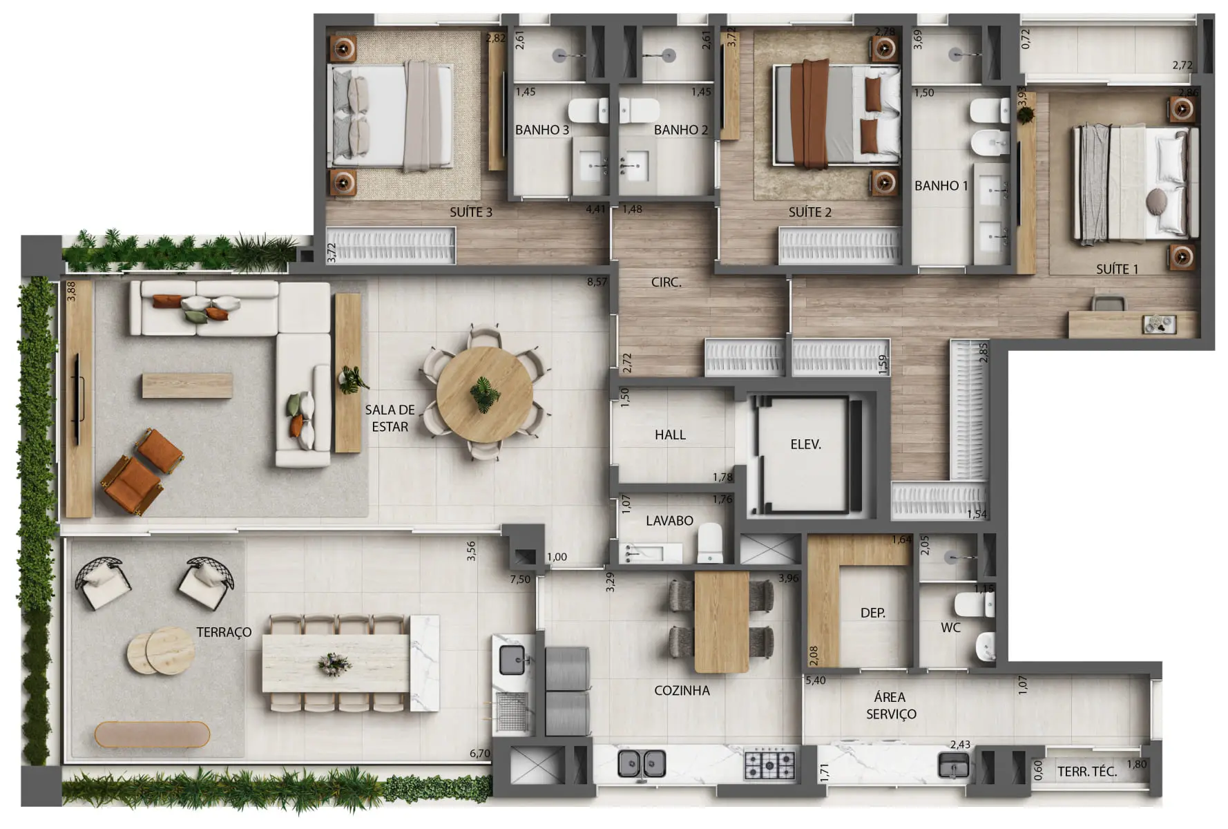 3 - Planta 3 Suítes - 191m² - Final 1 - Torre 3 (Perspectiva Artística)