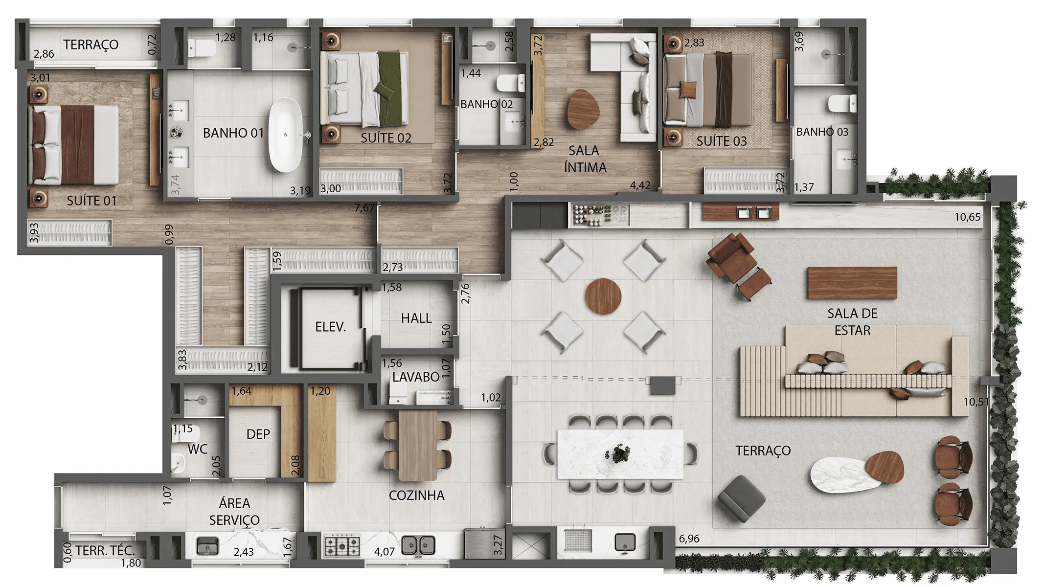 18 - Planta Opção 3 Suítes Living integrado com o terraço e sala íntima - 241m² - Final 2 - Torre 3 (Perspectiva artística)